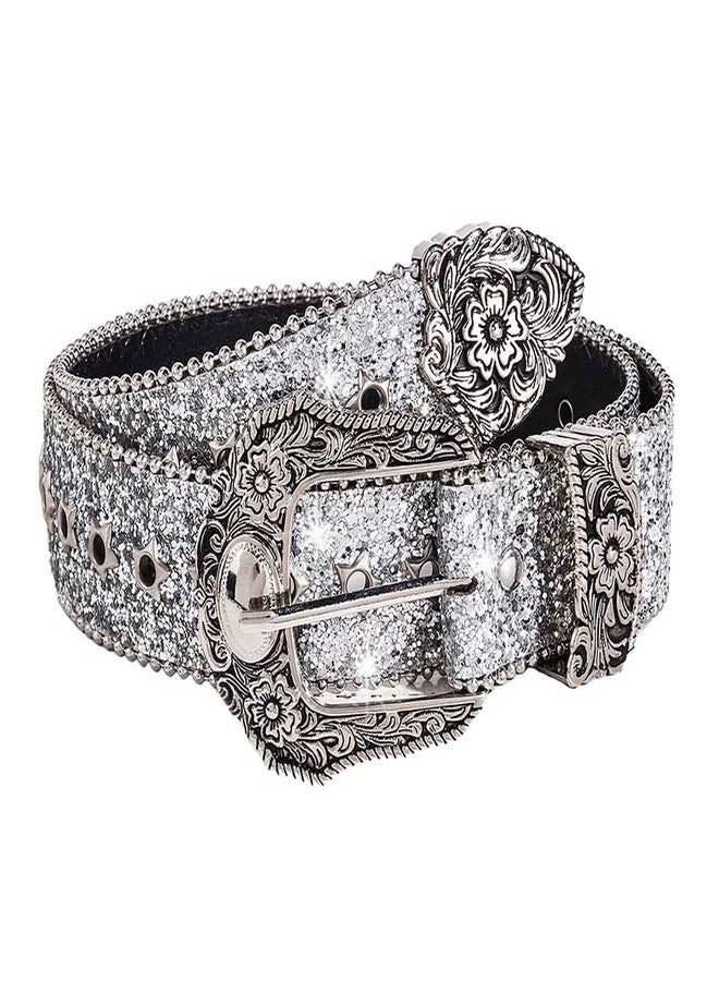 Firuilo Western Cowgirl Cowboy Belt Silver Rhinestones Belts Ladier Leather Belt for Jeans Pants Dress - Image 1